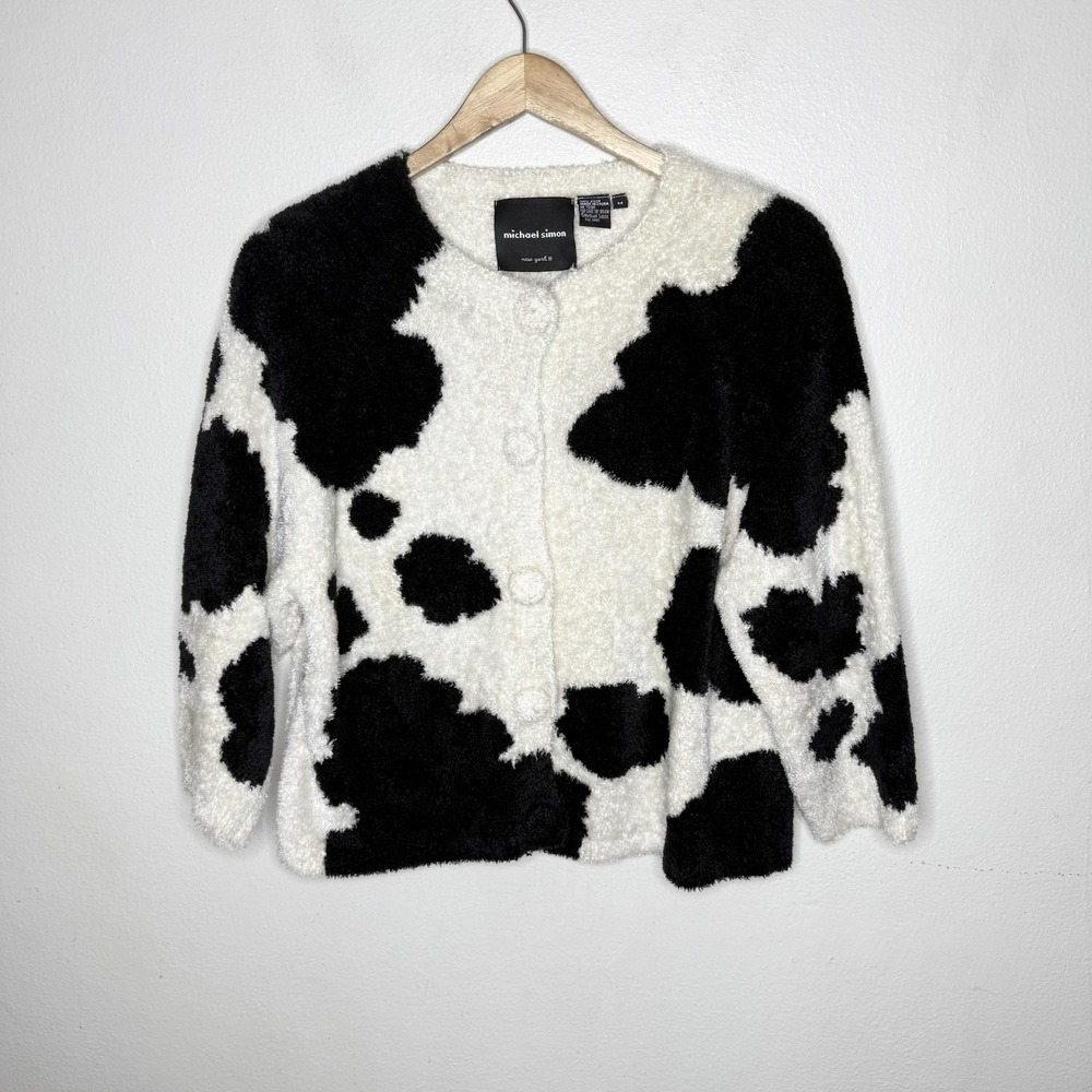Vintage Michael Simon Black White Cow Print Cardigan Button Front Womens Medium